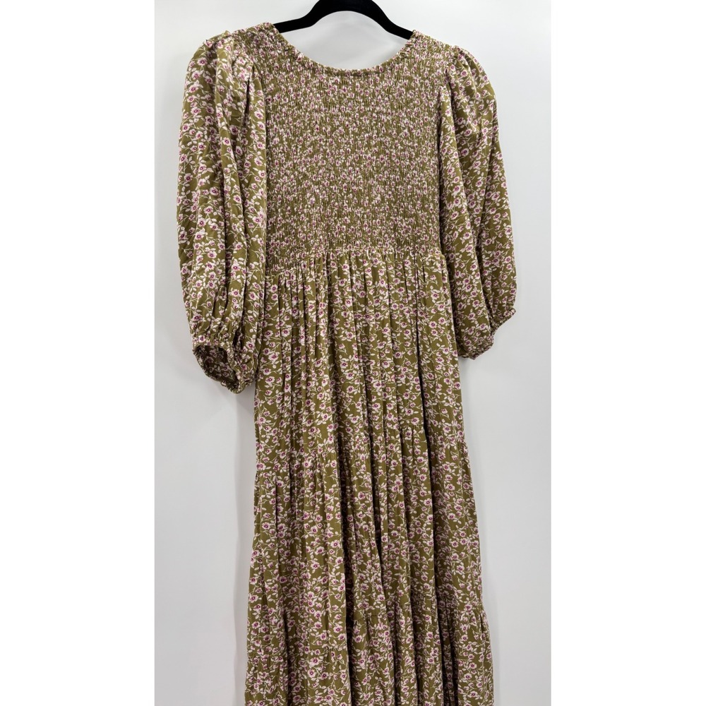 Prairie Dress Womens Small Olive Pink Floral Tiered Midi Cottagecore Puff Sleeve - Picture 3 of 14